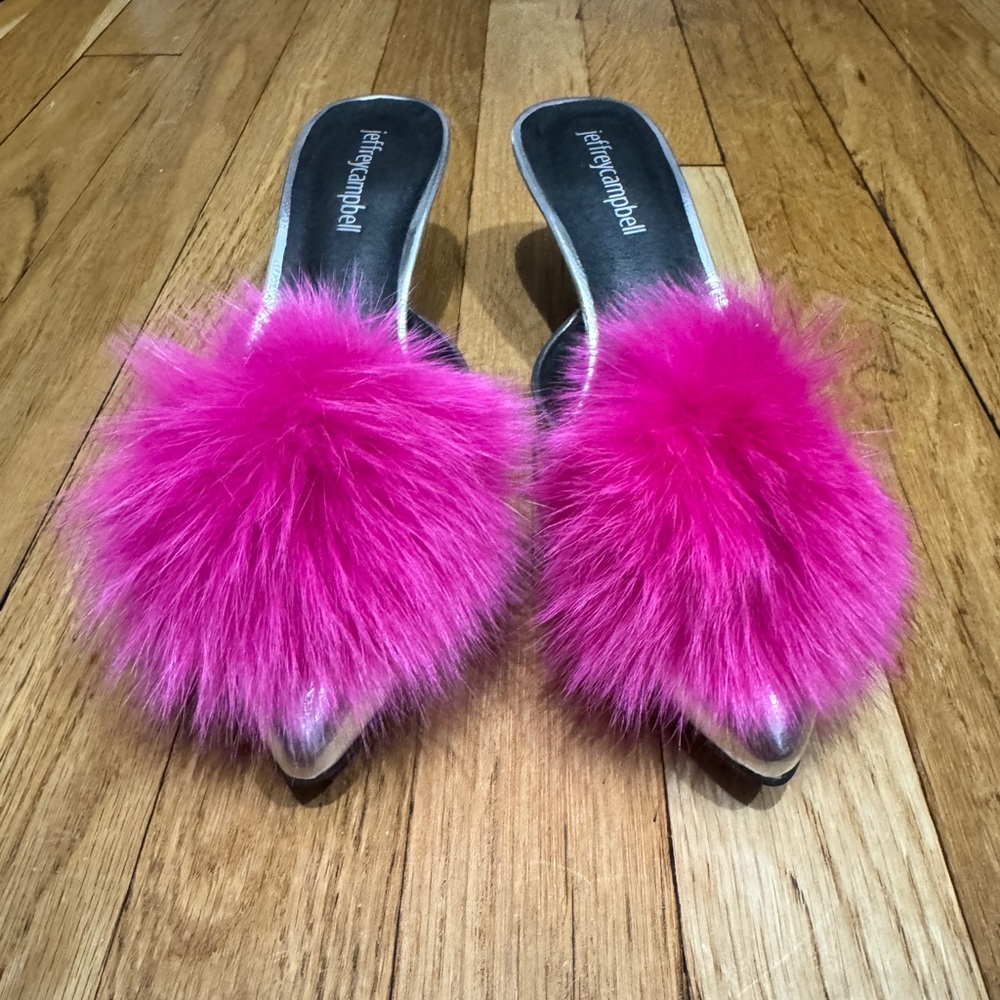 Brand New Jeffrey Campbell Jena2-Pom Silver Fuchsia Pom Pom Mule Size 6